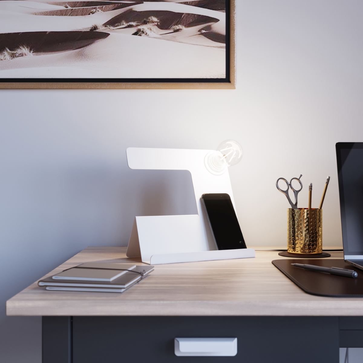 Lampa biurkowa INCLINE biała Sollux nowoczesna biała lampka z miejscem na smartfona albo tablet